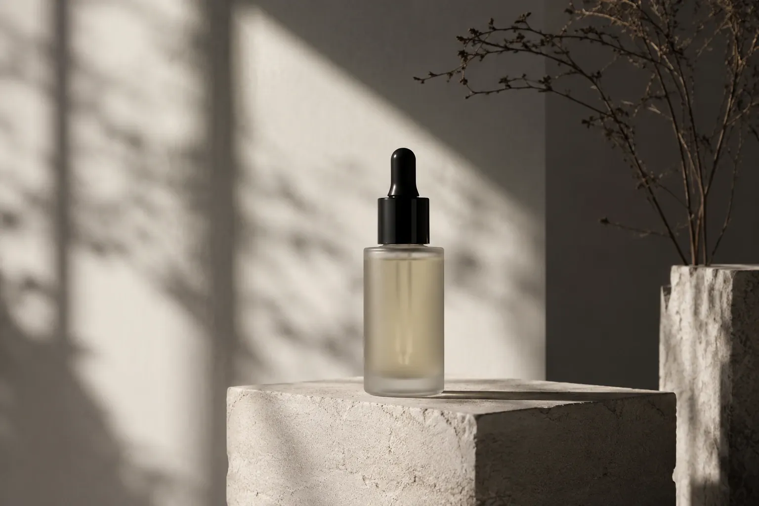 Doğal gölgelerle çekilmiş şeffaf serum şişesi ürün fotoğrafı