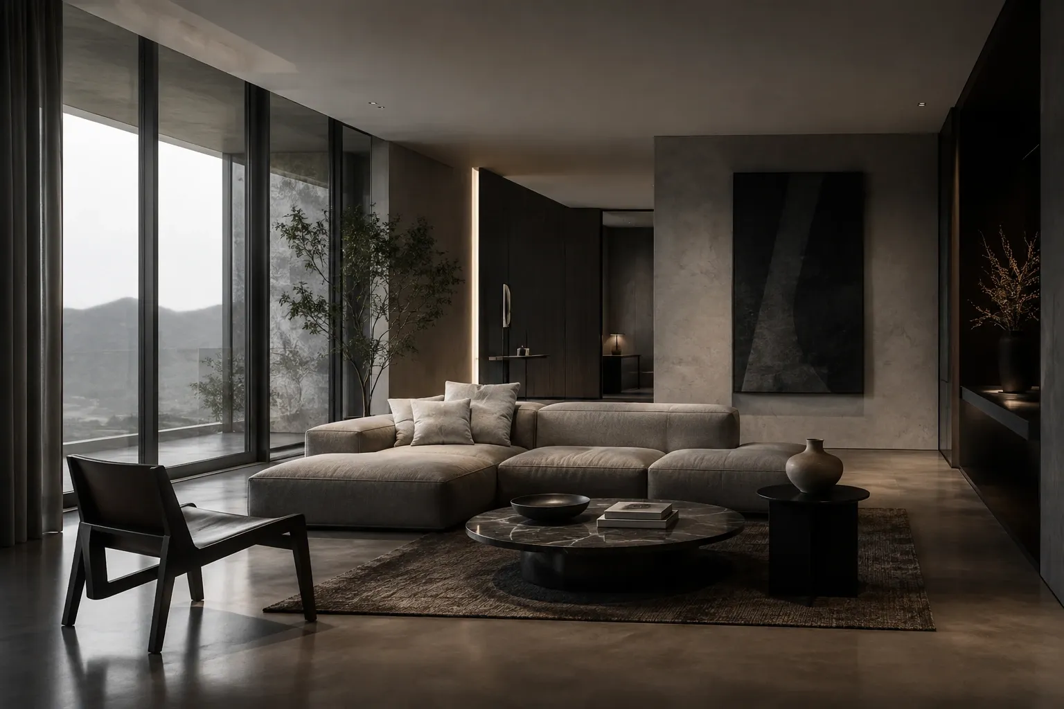 Modern ve sade tasarlanmış koyu tonlu salon iç mekân fotoğrafı