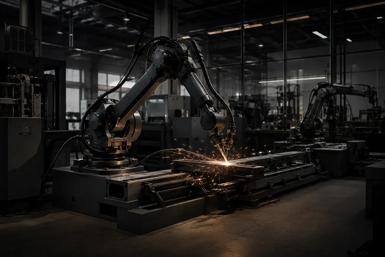 Fabrika ortamında metal parça üzerinde çalışan robotik kaynak kolu